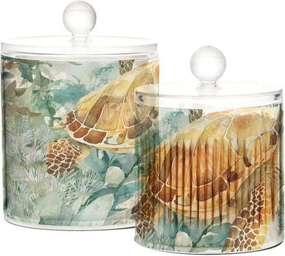 2 Pack Qtip Dispenser Apothecary Jars with Lids Cotton Round Holder Bathroom Canisters for Cotton Swab Floss Ball Pads Clear Plastic Decorative Sea Turtle Starfish Plants