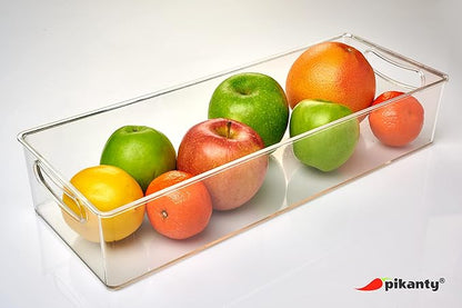 Pikanty Clear Refrigerator Organizer Bin with Handles — 15 Inch Stackable Fridge and Pantry Storage Container for Snacks, Produce, Cans, Yogurt, Condiments, Dishwasher and Freezer Safe, Made in USA