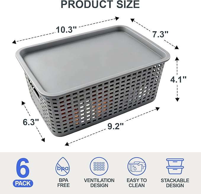 6 Pack Small Plastic Storage Baskets with Lids, Plastic Storage Baskets for Organizing, Stackable Organizer Baskets, Small Storage Bins for Shelves,Closet,Craft Room,Playroom,Classroom,Office, Grey