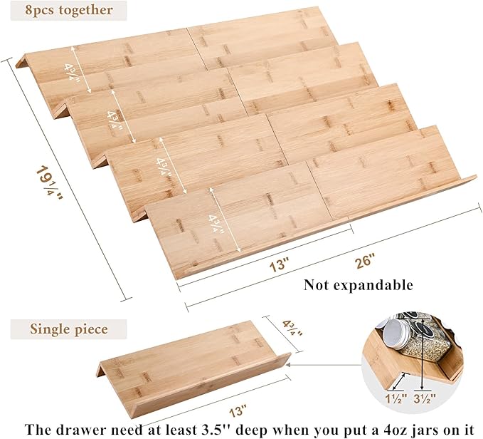 Mulush Bamboo Spice Rack Tray - Spice Drawer Organizer for Kitchen Cabinets Storage and Organization (Jars Not Included, 8 Individual Pieces, Not Adjustable)