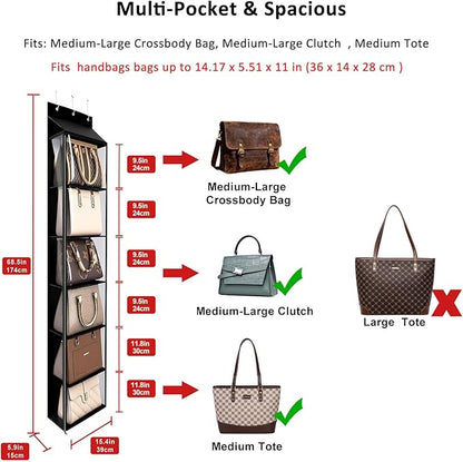 Lirex Over The Door Purse Organizer & Purse Shelf for Closet – Handbag Storage Organizer with Purse Hanger. Perfect for Scarves, Hats, and Leggings. L (15.7'' x 5.7'' x 68''), Black