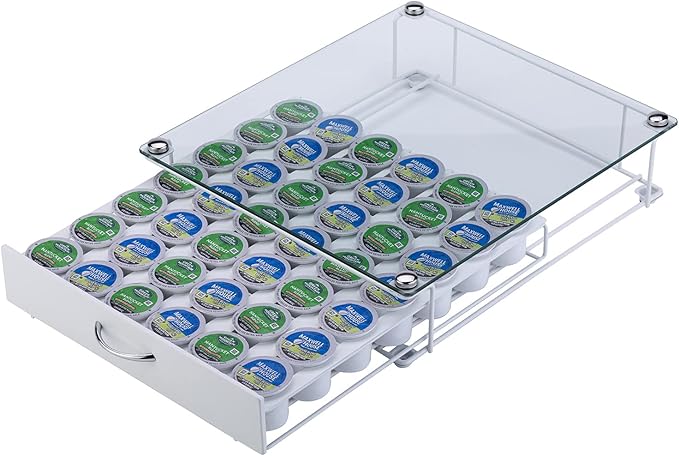 K Cup Pod Holde Glass Top Drawer,Coffee Pod Holder Capsule Display Storage compatibility 42 k-cup(white)