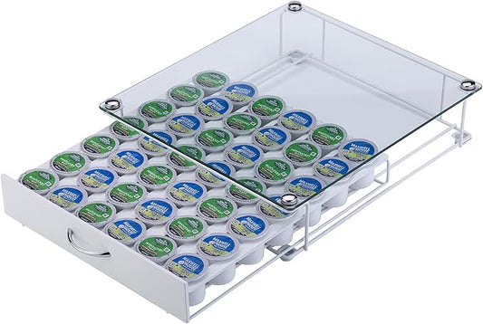 K Cup Pod Holde Glass Top Drawer,Coffee Pod Holder Capsule Display Storage compatibility 42 k-cup(white)