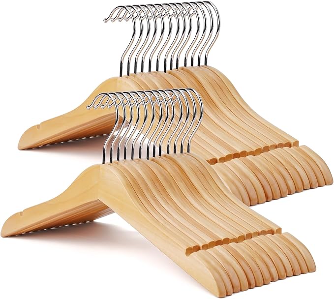Kid Hangers 18 Pack Soild Wooden Hanger,Natural Smooth Finish Wooden Baby Hangers with Non Slip Notches & Anti-Rust 360 Swivel Hook,Durable Toddler Hanger for Coat,Shirt,Dress