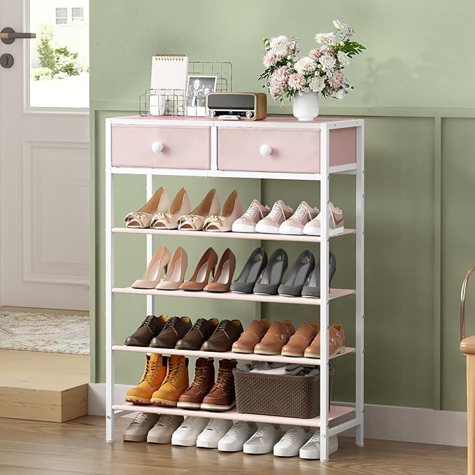 Shoe Rack, 5 Tier Shoe Organizer with 2 Drawers, Metal Shoe Storage for 16-20 Pairs of Shoes with Fabric Shelves and Wooden Top, Narrow Shoe Shelf for Closet Entryway Pink