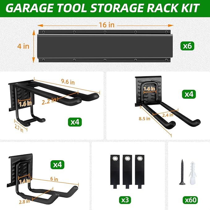 PIYILO Garage Wall Organizer, 96 in Garden Tool Organizer with 12 Adjustable Garage Hooks and 3 Storage Straps, Heavy Duty Tool Holder Wall Mount for Garden & Shed Tools