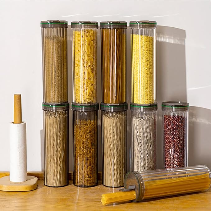 Clear Plastic Pasta Storage Container with Lid, Airtight Spaghetti Food Storage Box Noodle Canister Suit for Flour, Sugar, Black, Pasta, Noodle, Cereal(2Pcs)
