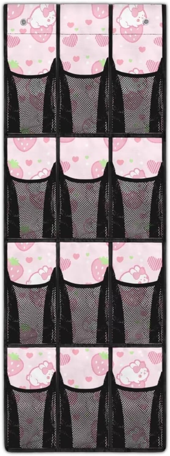ZUXONGSYStrawberry Over The Door Shoe Organizer 12 Pockets Wall Hanging Storage for Living Room Rabbit Door Hanger Organizer Mesh Fabric Pink Shoe Holder Hanger for BedRoom