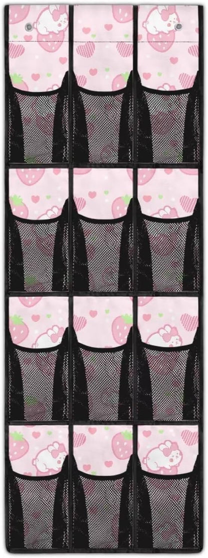 ZUXONGSYStrawberry Over The Door Shoe Organizer 12 Pockets Wall Hanging Storage for Living Room Rabbit Door Hanger Organizer Mesh Fabric Pink Shoe Holder Hanger for BedRoom