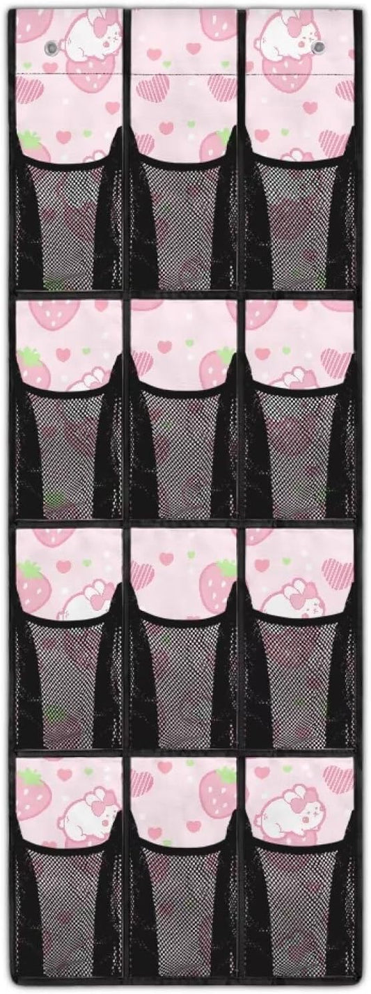 ZUXONGSYStrawberry Over The Door Shoe Organizer 12 Pockets Wall Hanging Storage for Living Room Rabbit Door Hanger Organizer Mesh Fabric Pink Shoe Holder Hanger for BedRoom