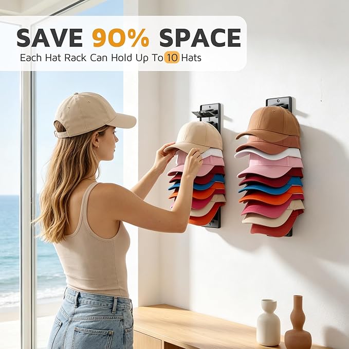 Accevo Spring Clip Hat Organizer Hold Storage 20 Caps for Baseball Caps (2-Pack), Hat Holder with Strong Adhesive and 8 Pack Screws, Hat Storage Display Holder for Closet Door and Wall