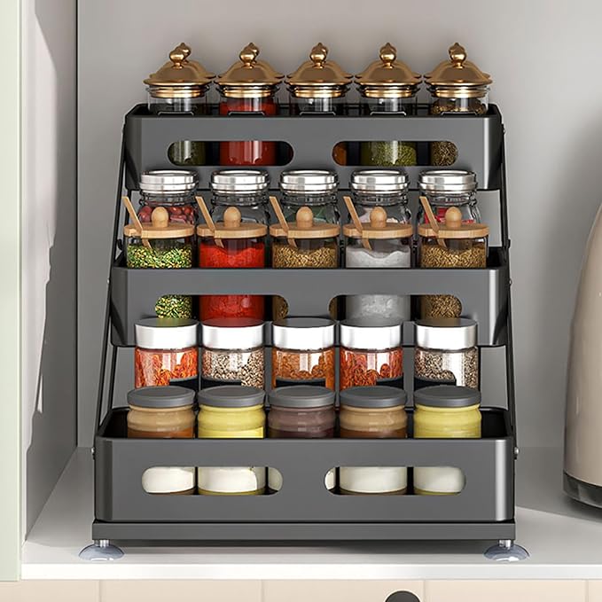 Ceetug 3 Tier Foldable Spice Rack for Countertop Iron Kitchen Seasoning Organizer for Cabinet, Black