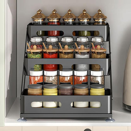 Ceetug 3 Tier Foldable Spice Rack for Countertop Iron Kitchen Seasoning Organizer for Cabinet, Black