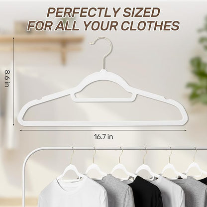 Sishynio Velvet Hangers 30 Pack with Gold Hooks, Non-Slip Slim Felt Hanger for Clothes, Heavy Duty Space Saving Flocked Hangers for Dresses, Suits, Coats & Pants(White)