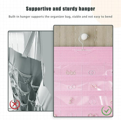 2 Pack Hanging Jewelry Organizer 80-Pocket Dual-sided Jewelry Storage for Earring Necklace Bracelet Ring Travel Holder, Pink
