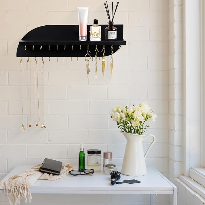 Hanging Jewelry Organizer with 25 Hooks and Cosmetics Shelf, Modern Wood Wall Mounted Jewelry Holder for Necklaces, Bracelets, Earrings and Rings, Black