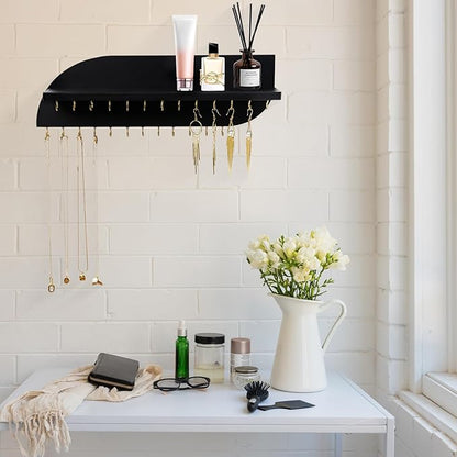 Hanging Jewelry Organizer with 25 Hooks and Cosmetics Shelf, Modern Wood Wall Mounted Jewelry Holder for Necklaces, Bracelets, Earrings and Rings, Black