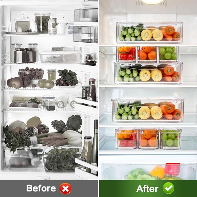 ZIJUND 4 Pack Fridge Organizer, Stackable Refrigerator Organizer Bins with Lids, BPA-Free Fridge Organizers and Storage Containers for Fruit, Vegetable, Food, Drinks, Cereals, Clear