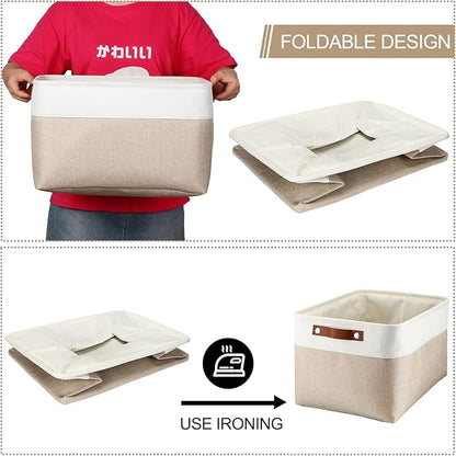 Uiifan 10 Pcs Collapsible Storage Bins Fabric Foldable Storage Basket with Handles Cloth Organizer Linen Shelf Baskets for Shelves Home Closet Nursery Toys(16 x 12 x 10 Inch,Beige and White)