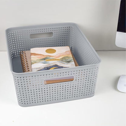 Sterilite 6-Pack Short Basket, Woven Plastic Storage Baskets for Organization, Cement - Organizing Bin Containers with Handles for Bedroom, Bathroom, Dorm, and Closet