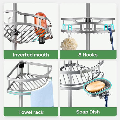 HAMITOR Shower Caddy Tension Pole: Rustproof Quick Install Corner Bathroom Organizer Shelf on Floor for Renters - 4-Tier Large Capacity Storage Rack with Soap Holder for Apartment -47-121 Inch/Silver