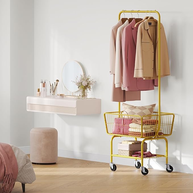 Tajsoon Laundry Cart with Wheels, Metal Rolling Laundry Hamper with Hanging Rack, Storage Basket and Shelf, Gold