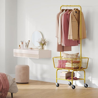 Tajsoon Laundry Cart with Wheels, Metal Rolling Laundry Hamper with Hanging Rack, Storage Basket and Shelf, Gold