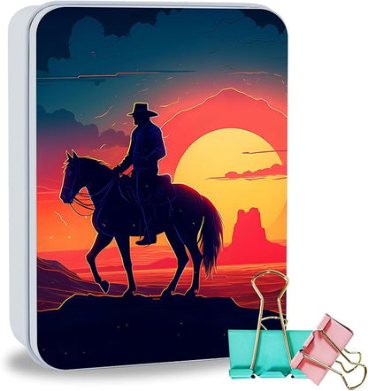 Metal Tin Box Sturdy Metal Storage Box with Lid, Large Container Holder for TCG Cards,Car Keys,Cookies,Tin Containers for Gift,5.0x3.7x1.6 Inch,Exquisite Pattern Design(Sunset Cowboy)