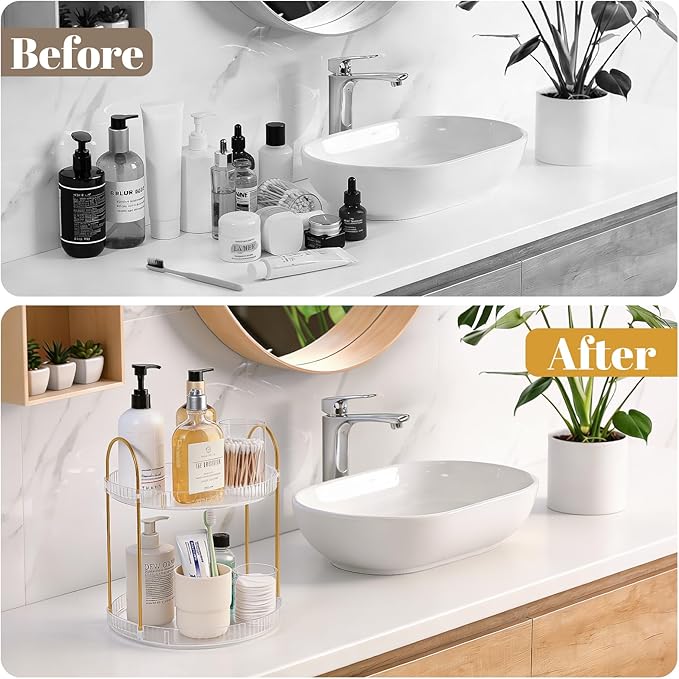 360° Rotating Makeup Organizer 2 Tier Large Capacity Perfume Skincare Tray for Dresser Spinning Bathroom Counter Organizer for Vanity Lazy Susan Turntable Storage for Kitchen, Clear
