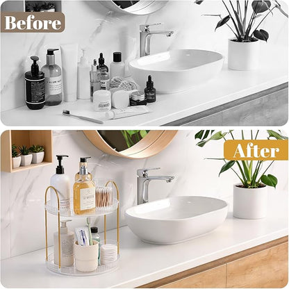 360° Rotating Makeup Organizer 2 Tier Large Capacity Perfume Skincare Tray for Dresser Spinning Bathroom Counter Organizer for Vanity Lazy Susan Turntable Storage for Kitchen, Clear
