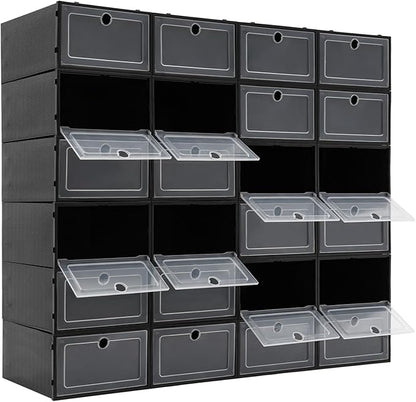 24 Pack Stackable Shoe Boxes with Clear Lids - Foldable Shoe Storage Organizer for Closet Cabinet, Color Options for Sneakers Flats Home Organization (Black)