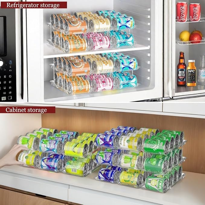 Attelite Can Organizer for Pantry, 6 Sets 3Tiers Can Storage Organizer Pantry, Soda Can Organizer for Fridge 72 Cans Rack Automatic Rolling Stackable Canned Food Organizer,Clear