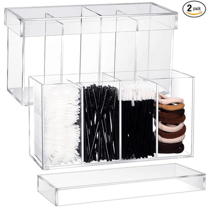2 Pack 4 Compartment Acrylic Makeup Organizer with Lid Lash Cart Organizer for Lash Techs Bathroom Storage with 4 Tray Eyelash Mascara Brushes Supplies Brush Holder for Cosmetics or Office Supplies