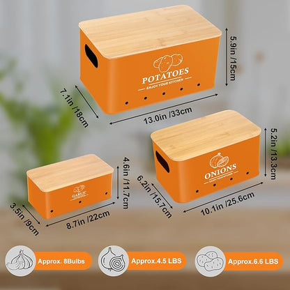 Kitchen Vegetable Storage Set of 3, Metal Onion Garlic Potato Storage Set, Kitchen Canisters Vegetable Keeper Containers with Aerating Holes and Wooden Lid (Orange)