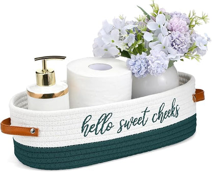Hello Sweet Cheeks Bathroom Decoration Green and White Cotton Rope Toilet Basket Toilet Paper Holder Basket Rustic Bathroom Organizer Farmhouse Home Decoration Organizing Small Baskets