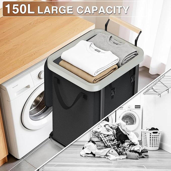 40 Gal (150L) Laundry Hamper with Lid,Leather Patchwork Laundry Baskets with Wheels and Handle,Dirty Clothes Hamper,Laundry Basket Organizer for Bedroom Aesthetic,Laundry Room,Dorm - Black Gray