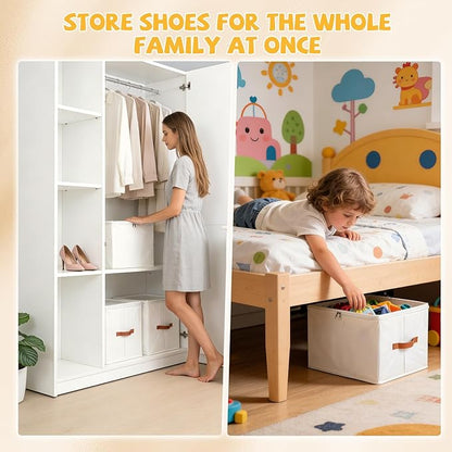 VZZNN 4 Pack Shoe Organizer for Closet - with Transparent Cover and Sturdy Handles shoe storage - Foldable Shoe Storage Containers Fits to 36-48 Pairs 4 Pack (Beige)