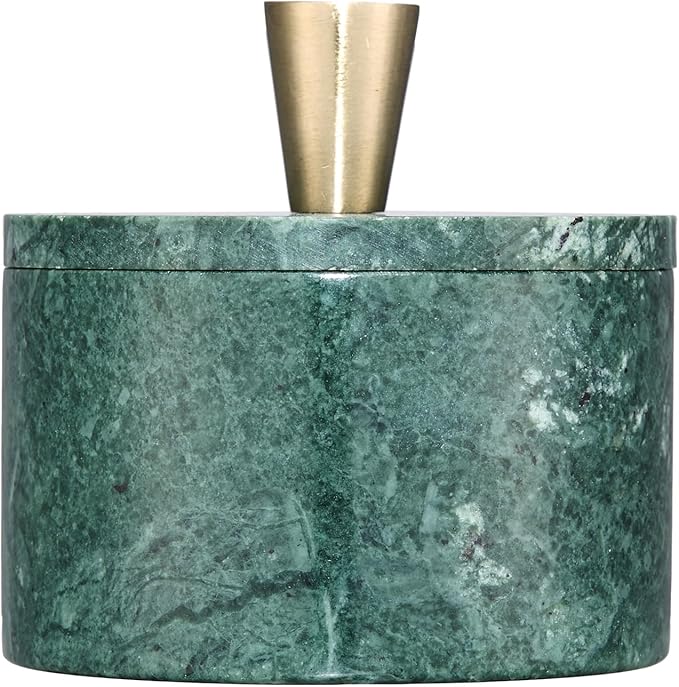 Queenza Green Marble Salt Cellar with Lid & Brass Knob - Natural Marble Spice Container for Kitchen Countertop, Gourmet Salt Holder, Small Decorative Storage Box, Gift for Home Chef