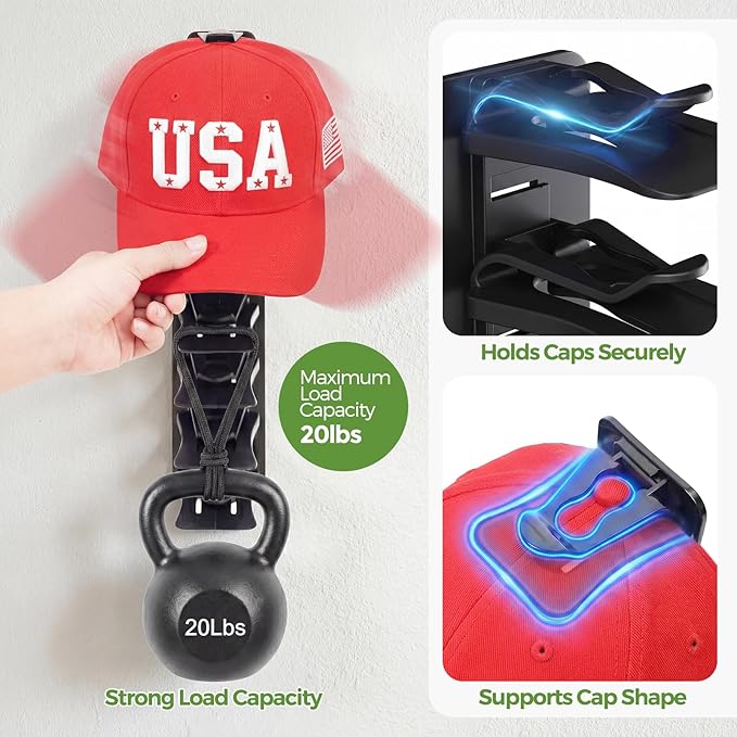 DIY 2Pack Hat Organizer – Holds 36 Hats (18 Each), Adjustable Clips, Adhesive or Screw Mount, for Baseball Caps & Snapbacks, Space-Saving Cap Holder & Hat Storage Wall Rack for Closet & Door, Black