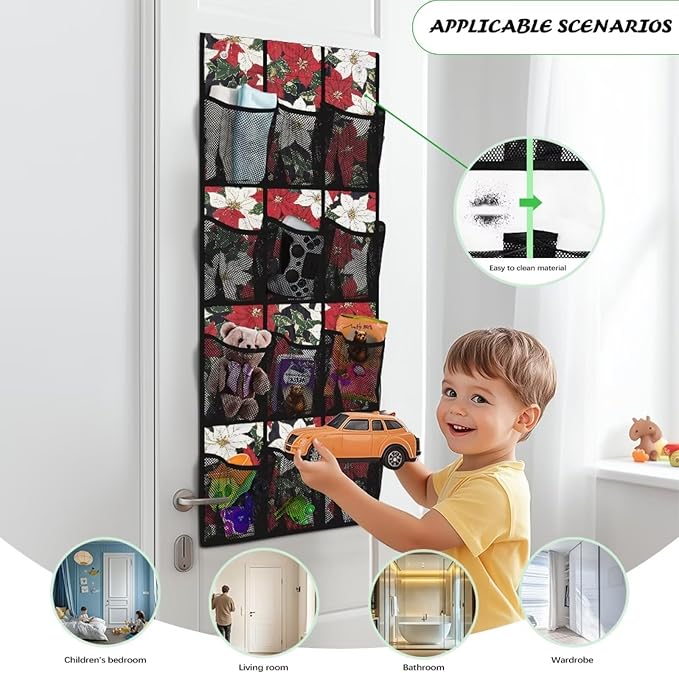 Poinsettia Flower Behind Door Organizer for Dorm Room Essentials,Xmas Decor Over The Door Hanging Organizer for Living Room,Large Capacity and 12 Pockets Wall Hanging Storage