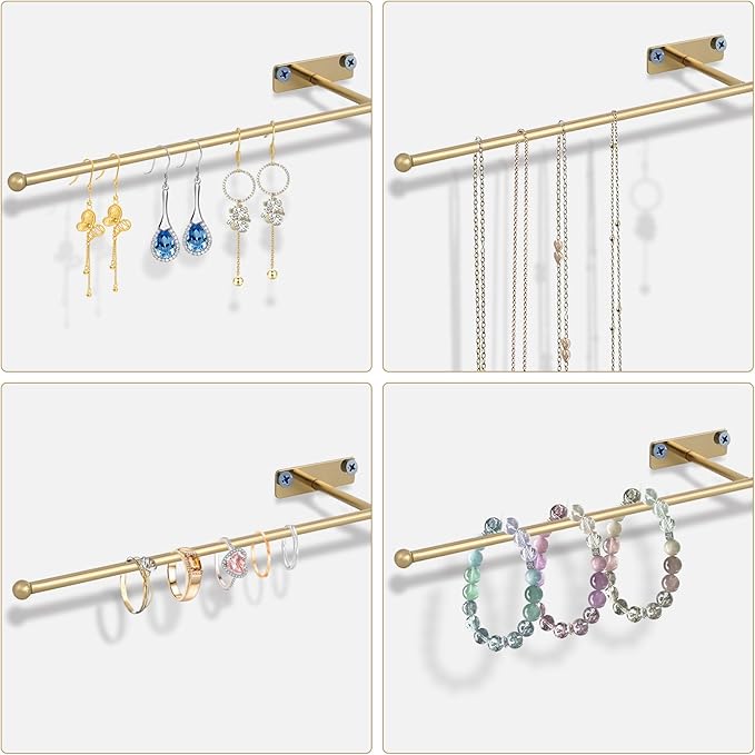 2 Pack Wall Jewelry Organizer, 14.5'' Necklace Holder for Hanging Earring, Ring, Bracelet, Hairband, Glasses Storage, Decorative Space-Saving Jewelry Display-Gold