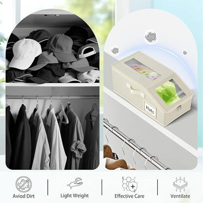 Stackable Hat Storage for Baseball Caps, 3 PCS Hat Storage Boxes for Closet, Holds up to 45 Caps with Cardboard, Hat Organizer for Women & Men (Two Clear Window) (Beige 3-Pack)