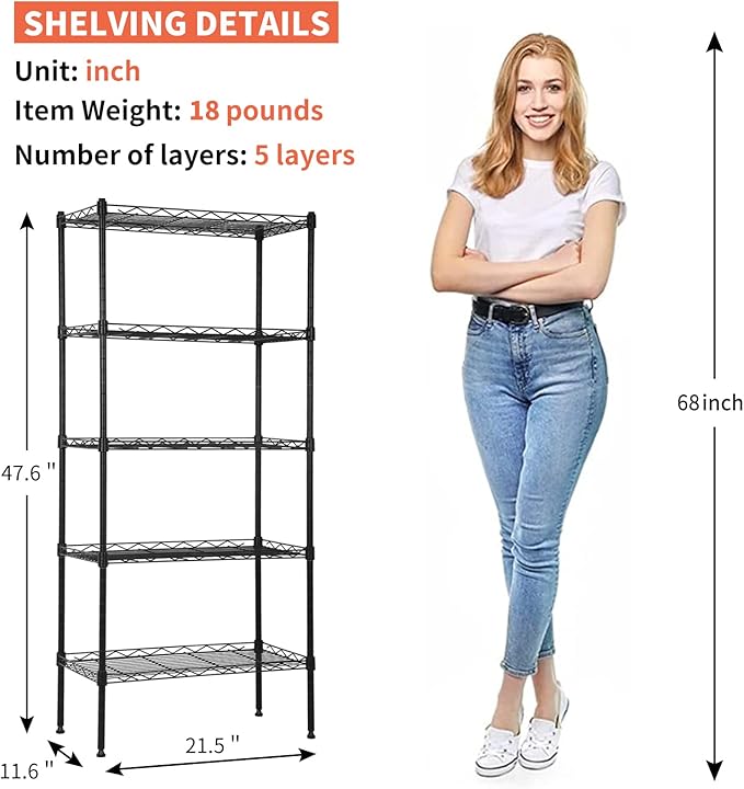 Wire Shelves 5-Tier Metal Storage Shelves 47.6" H x 21.5" x 11.6" Adjustable Wire Rack Shelf NSF Shelving Unit for Kitchen Storage Pantry Laundry, 750LB Capacity, Black