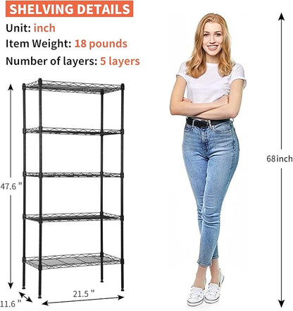 Wire Shelves 5-Tier Metal Storage Shelves 47.6" H x 21.5" x 11.6" Adjustable Wire Rack Shelf NSF Shelving Unit for Kitchen Storage Pantry Laundry, 750LB Capacity, Black