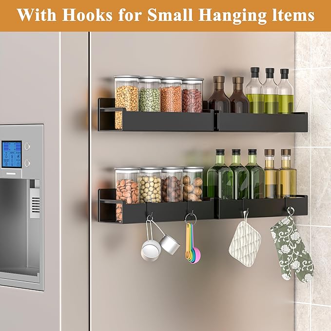 HuggieGems 4 Pack Magnetic Spice Rack Organizer for Refrigerator and Oven, Matt Black Fridge Organizers and Storage for Kitchen