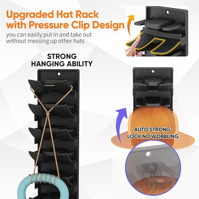 Hat Organizer for Baseball Caps, 2 Pack Wall Mount Hat Rack with Spring Clips, Holds 20 Caps, Black Hat Holder for Closet Door