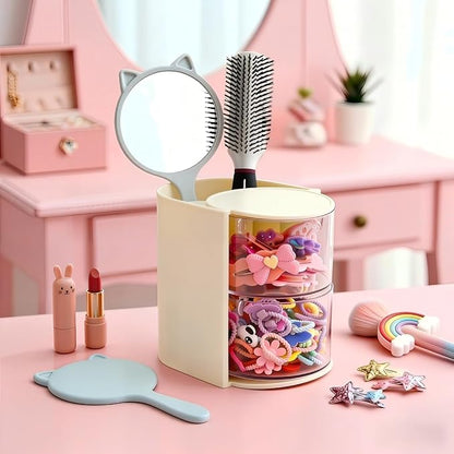 Hair Accessories Organizer with Hair Brush Holder, Rotatable Makeup Brush and Jewelry Storage Box for Hair Clips, Earrings, Necklaces, Bracelets, Rings, and Daily Accessories (Off White,2-Layer)