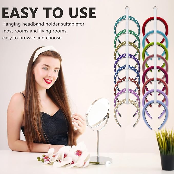 FMOACEN 4 Pcs Headband Holder Organizer, White Hanging Wall Mounted Hairband Accessories, Hair Hoop Storage Display with 32 Total Rings for Women Girls, Bedroom Dorm Closet Decor