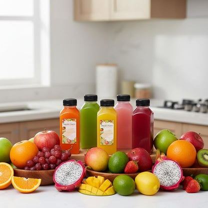 TOMNK 6pcs Juice Bottles, 12oz Reusable Plastic Juice Bottles with Caps and Labels, Funnel, Brush Beverage Containers for Juicing, Smoothies, Tea, Milk