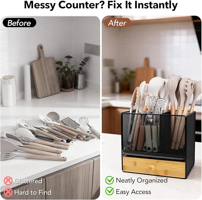 Kitchen Utensil Holder Countertop, Extra Large Utensil Organizer with Drawer, 2-In-1 Utensil & Silverware Holder for Countertop, Kitchen Organizer for Cookware Spatula, with Quick Dry Diatomite Base